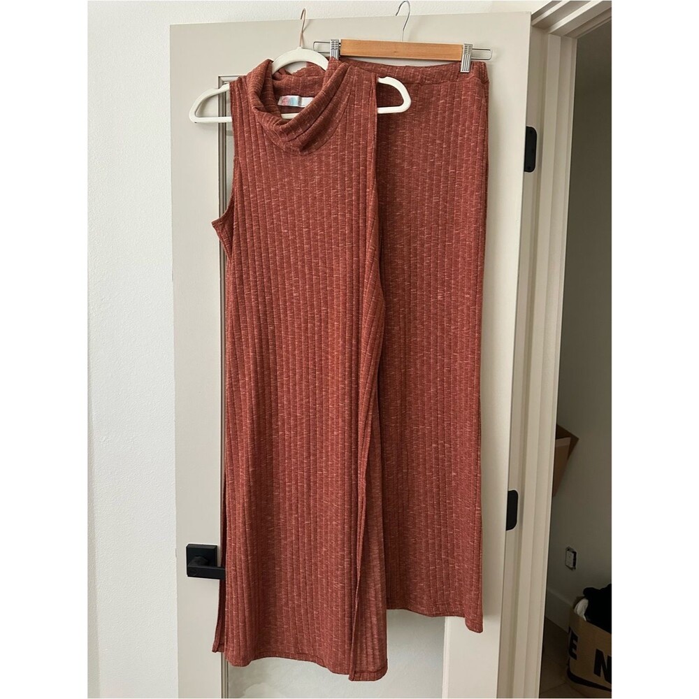 Free People Beach Ribbed Sleeveless Turtleneck & High Waisted Pants Set in Rust